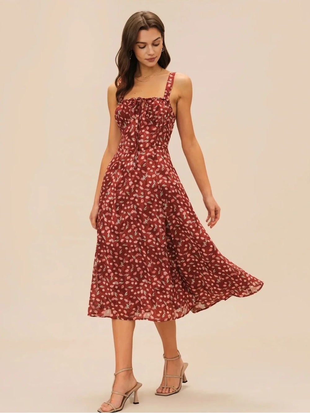 Rihoas Wine Red Floral Slip Midi Milkmaid Dress Size Medium NEW